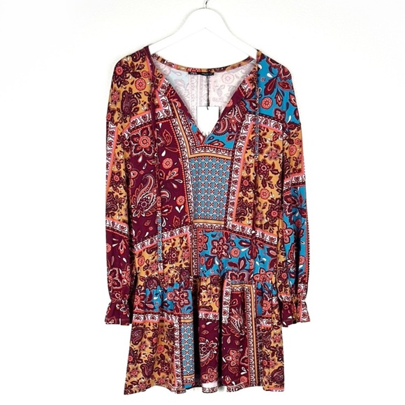 NWT Zara floral patchwork western boho long sleeve mini dress size medium NEW - Picture 1 of 9